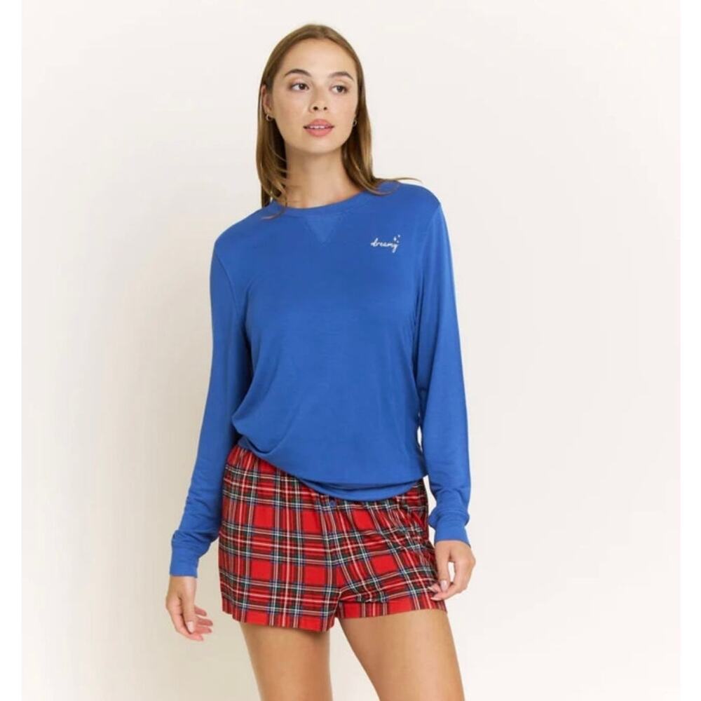 Honeydew Sugar Sweetheart Plaid Shortie Set Long Sleeves Blue Red Size M NWT